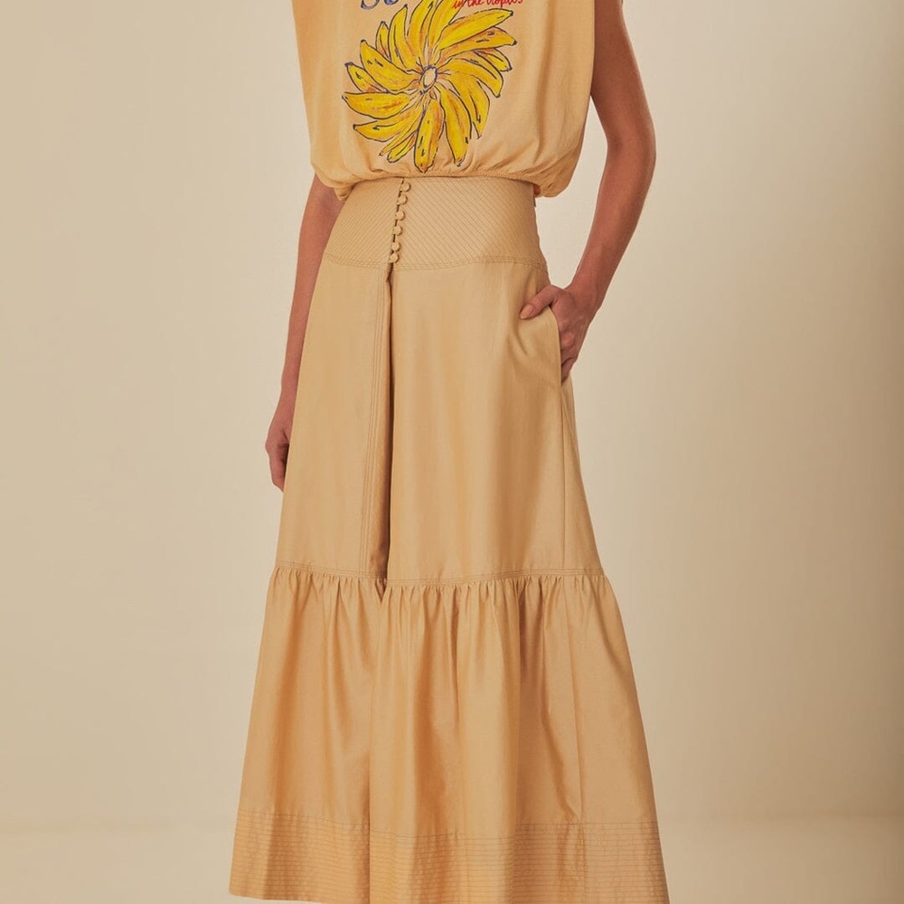 Farm Rio Khaki Topstitching Yoke Organic Cotton Maxi Skirt